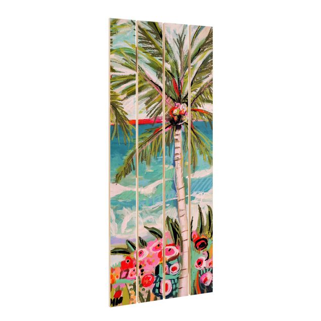 Prints på træ Palm Tree With Pink Flowers II