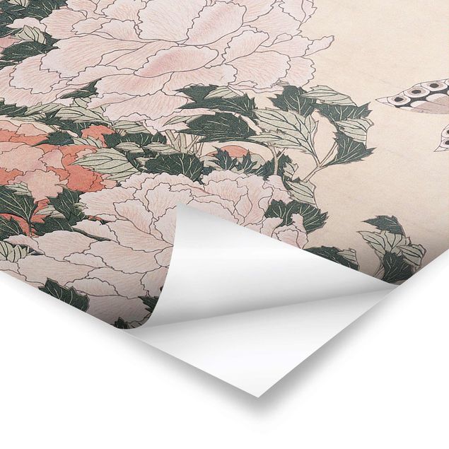 Billeder lyserød Katsushika Hokusai - Pink Peonies With Butterfly