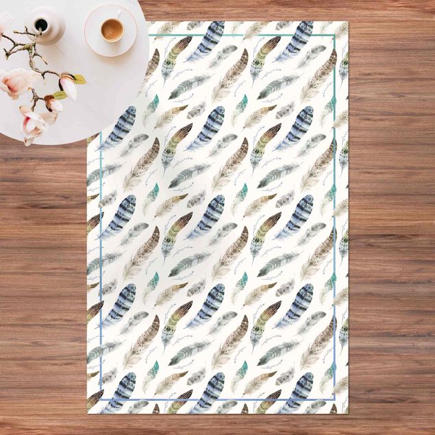 tæpper til terrasse Boho Watercolour Feathers In Earthy Colours With Frame