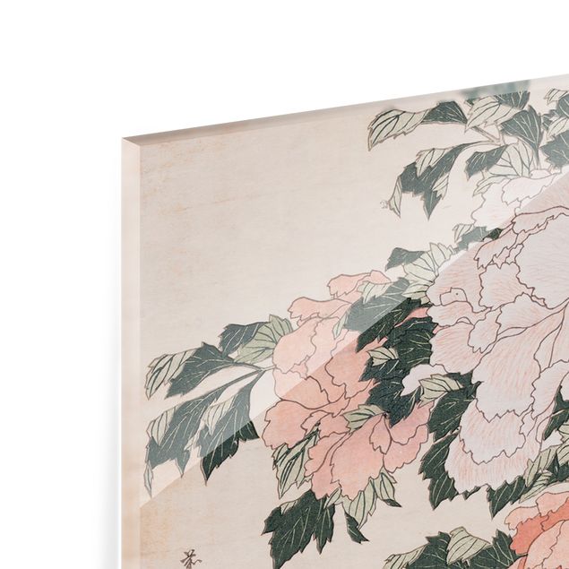 Kunsttryk Katsushika Hokusai - Pink Peonies With Butterfly