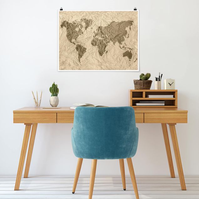 Billeder verdenskort Paper World Map Beige Brown