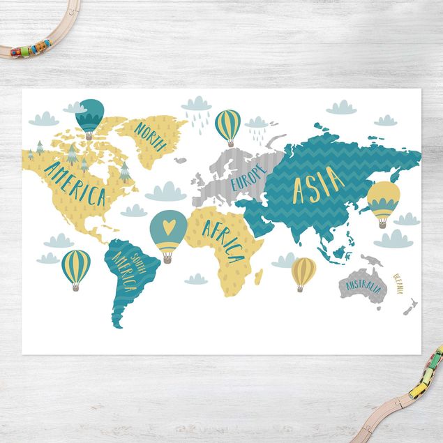 udendørstæpper World Map with Hot-Air Balloon