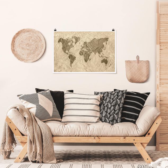 Plakater verdenskort Paper World Map Beige Brown