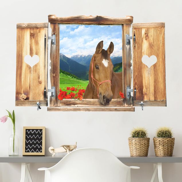 Wallstickers heste Window With Heart And Horse Alpine Meadow