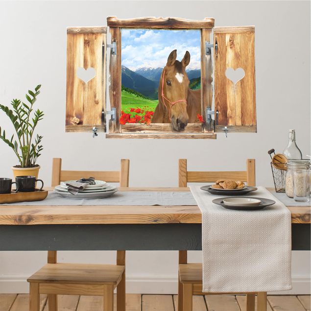 køkken dekorationer Window With Heart And Horse Alpine Meadow