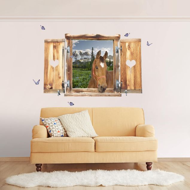 Wallstickers heste Window With Heart And Horse Mountains Meadow Path
