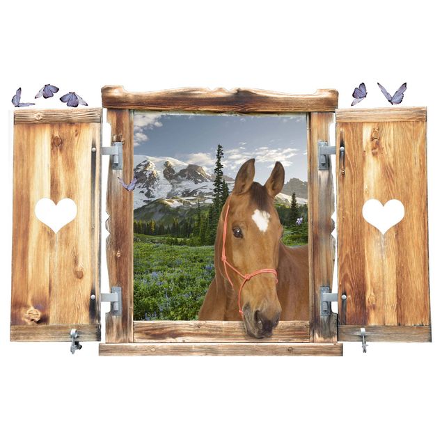 Wallstickers 3D Window With Heart And Horse Mountains Meadow Path