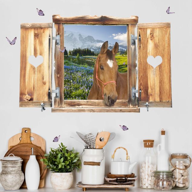 Wallstickers heste Window With Heart And Horse Mountain Meadow With Flowers