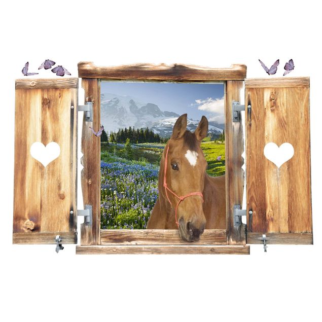 Wallstickers blomster Window With Heart And Horse Mountain Meadow With Flowers