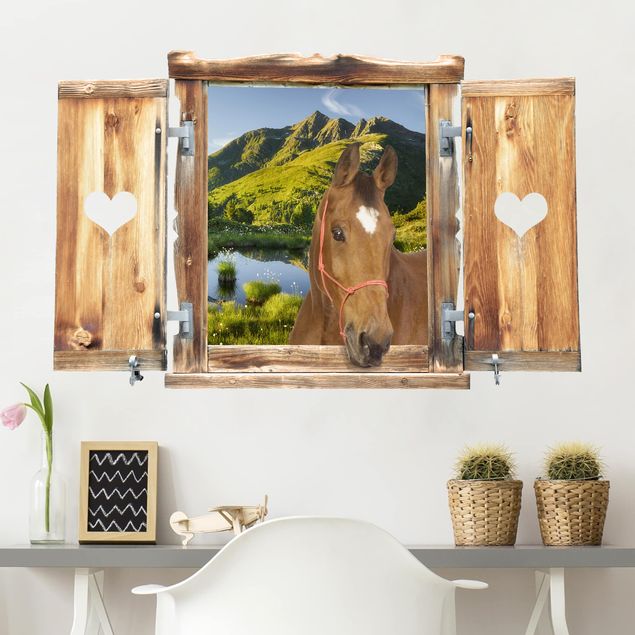 Wallstickers heste Window With Heart And Horse Looking Into Defereggental