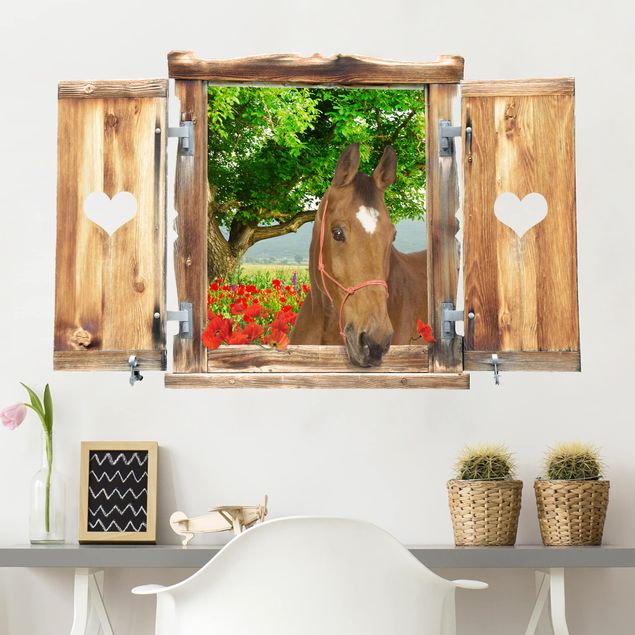 Wallstickers heste Window With Heart And Horse Meadow