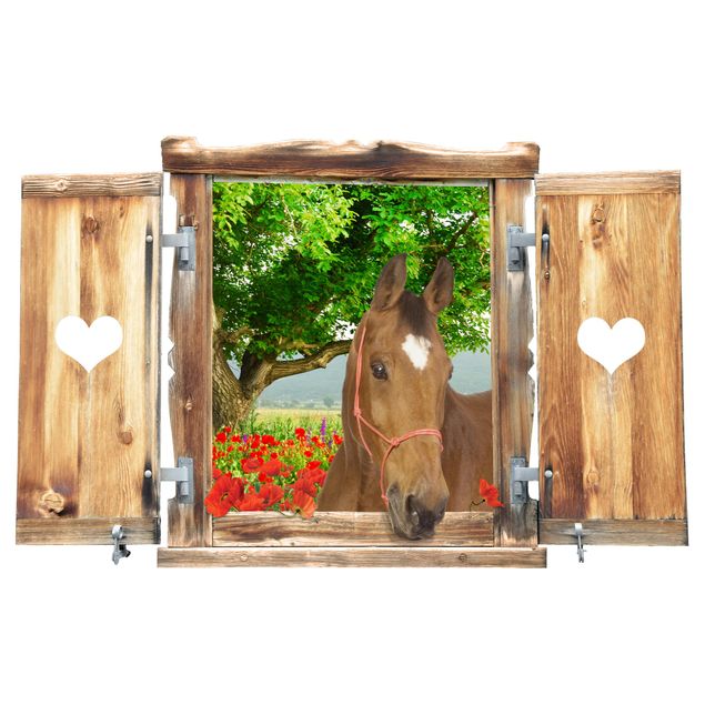 Wallstickers træer Window With Heart And Horse Meadow