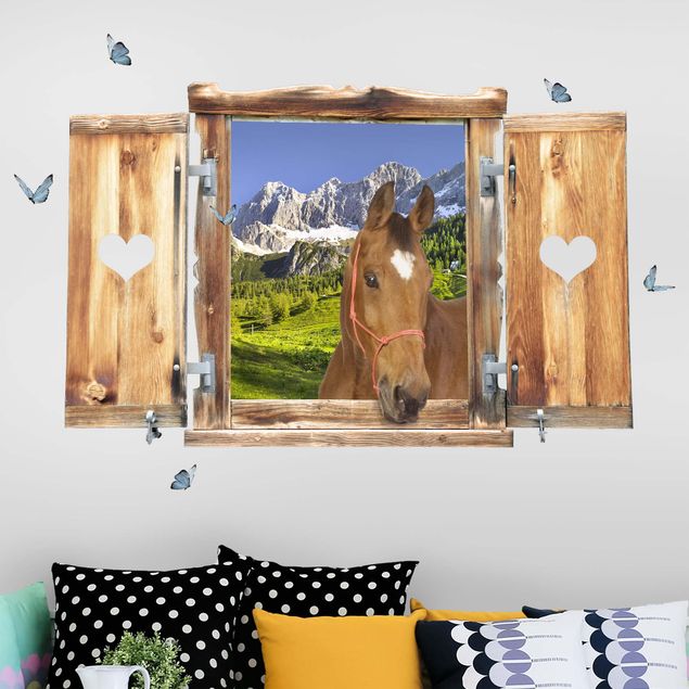 Wallstickers heste Window With Heart And Horse Styria Alpine Meadow