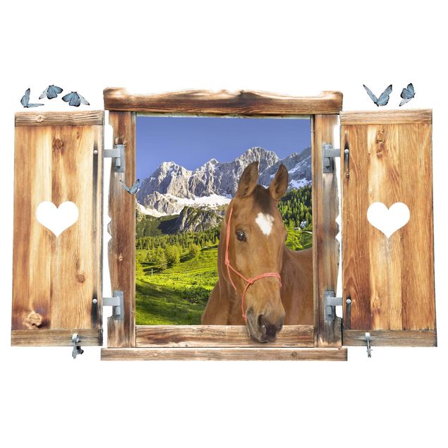 Wallstickers 3D Window With Heart And Horse Styria Alpine Meadow