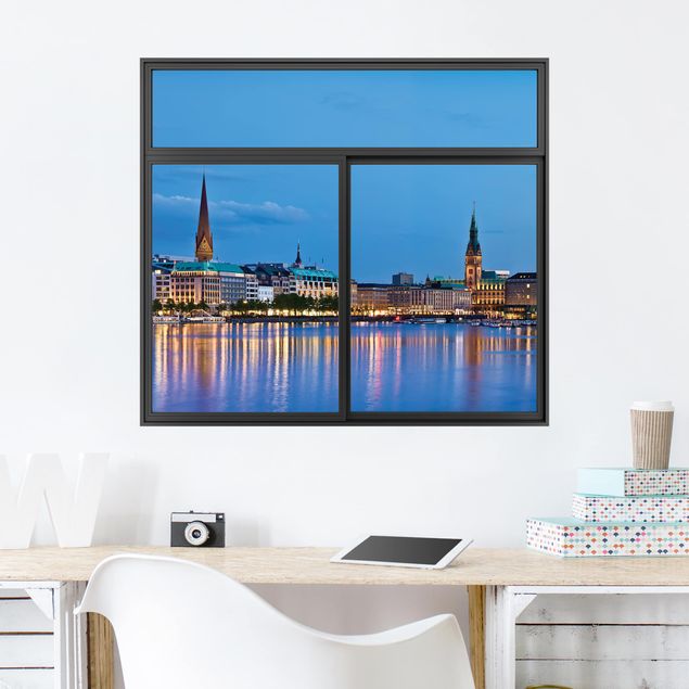 Wallstickers metropolises Window Black Hamburg Skyline