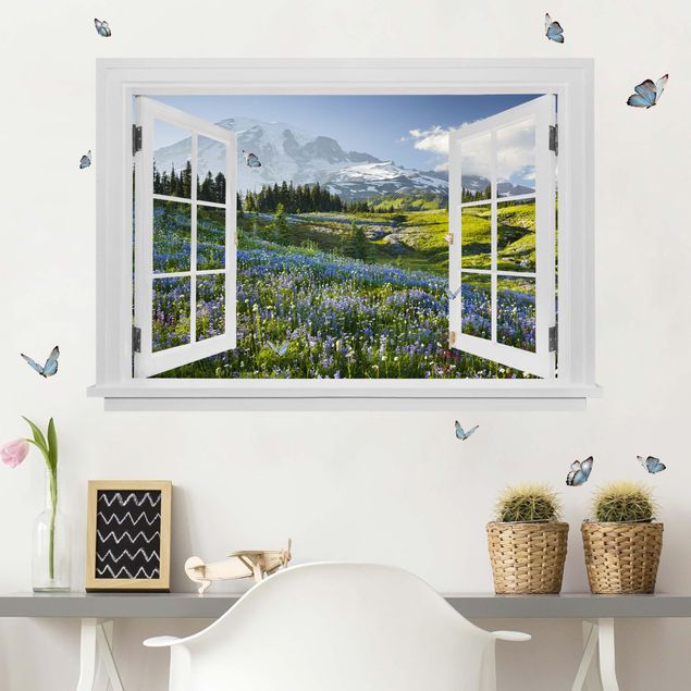 Wallstickers sommerfugle Open Window Mountain Meadow With Flowers In Front Of Mt. Rainier And Butterflies