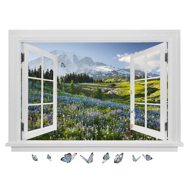Wallstickers blomster Open Window Mountain Meadow With Flowers In Front Of Mt. Rainier And Butterflies