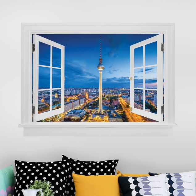 Wallstickers metropolises Open Window Berlin Skyline At Night With Television Tower