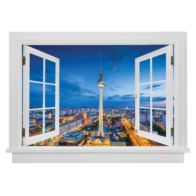 køkken dekorationer Open Window Berlin Skyline At Night With Television Tower