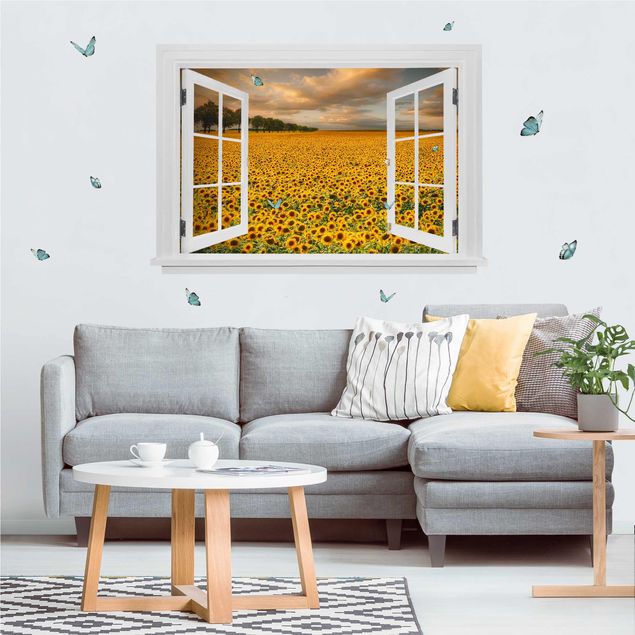 Wallstickers blomster Open Window Field With Sunflowers