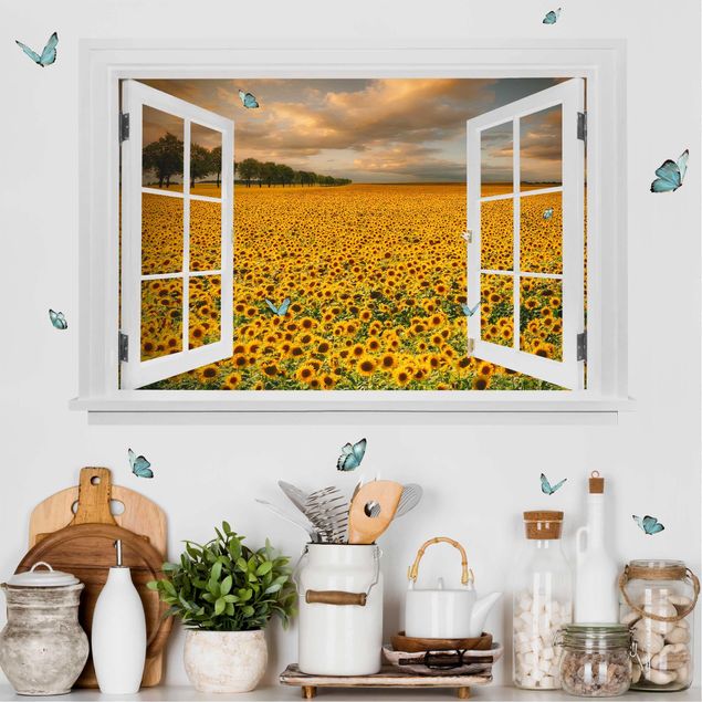køkken dekorationer Open Window Field With Sunflowers
