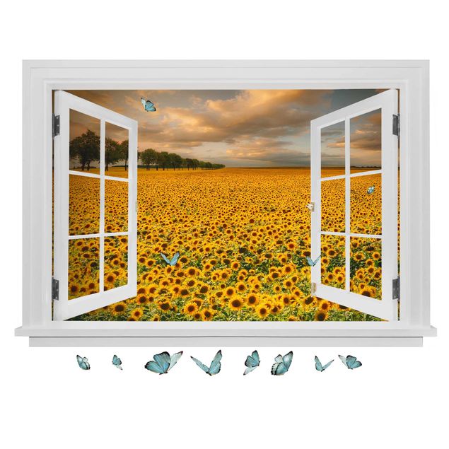 Wallstickers 3D Open Window Field With Sunflowers