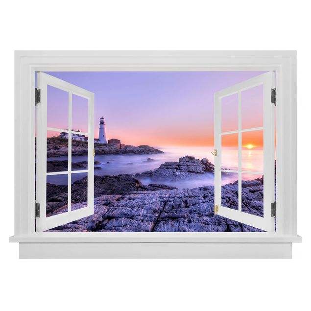 Wallstickers 3D Open Window Lighthouse In The Morning