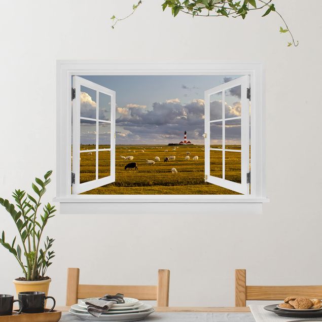 Wallstickers øer Open Window North Sea Lighthouse With Sheep Herd