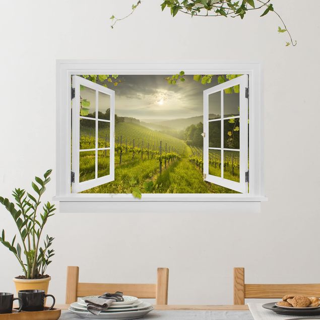 Wallstickers tendrils Open Window Sun Rays Vineyard With Vines And Grapes