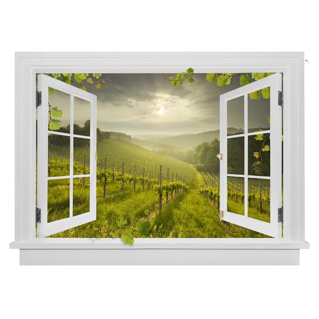 Wallstickers 3D Open Window Sun Rays Vineyard With Vines And Grapes