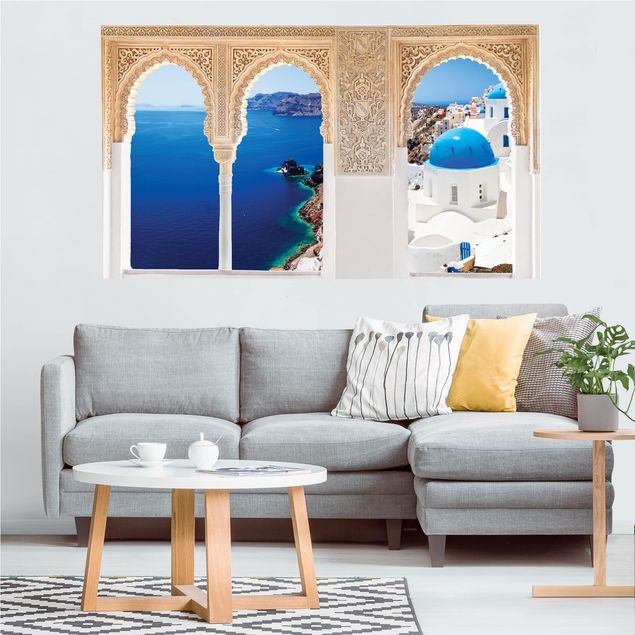 Wallstickers metropolises Decorated Window View Over Santorini