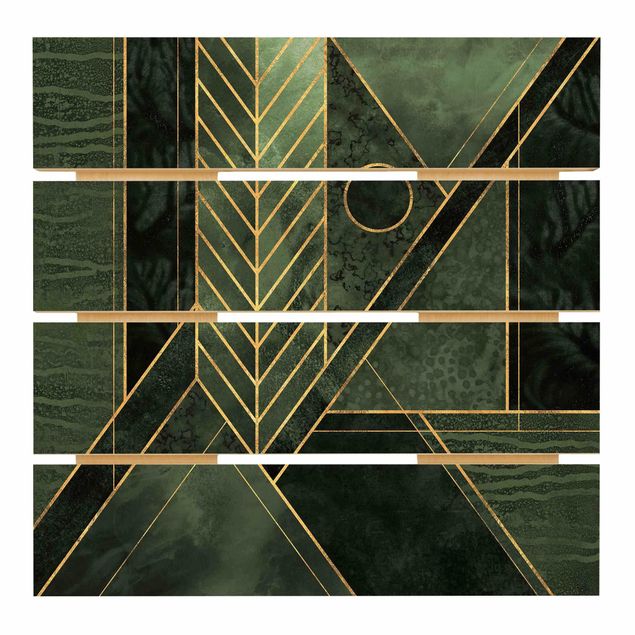 Prints på træ Geometric Shapes Emerald Gold