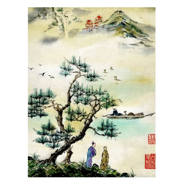 Billeder træer Japanese Watercolour Drawing Pine And Mountain Village