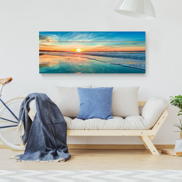Prints på træ strande Romantic Sunset By The Sea