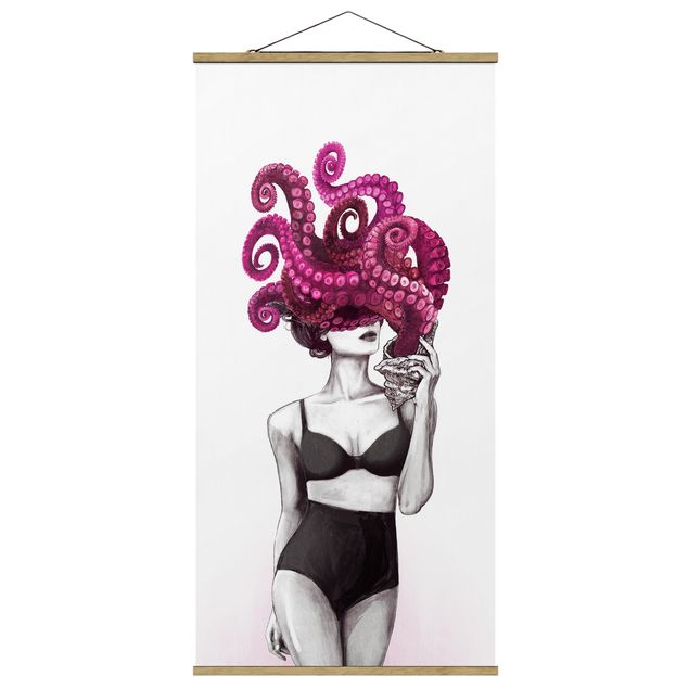 Billeder kunsttryk Illustration Woman In Underwear Black And White Octopus