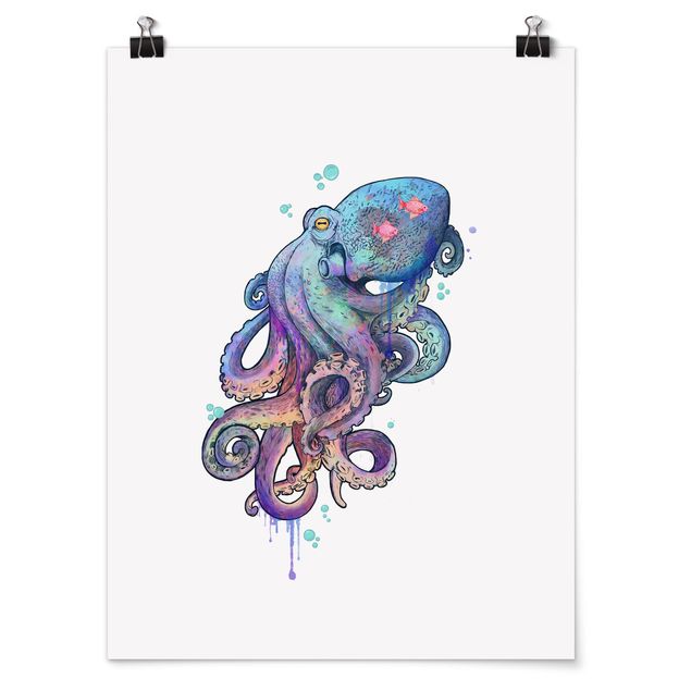 Plakater dyr Illustration Octopus Violet Turquoise Painting