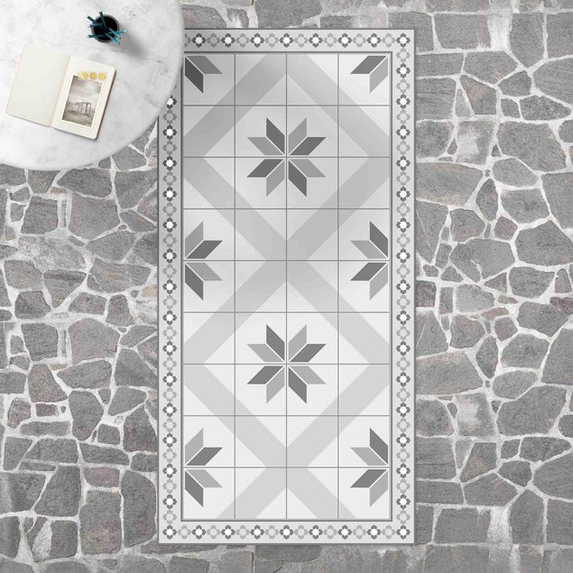 tæpper til terrasse Geometrical Tiles Rhombic Flower Grey With Narrow Border