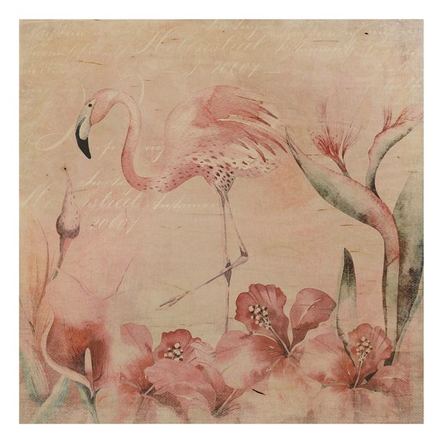 Prints på træ blomster Shabby Chic Collage - Flamingo