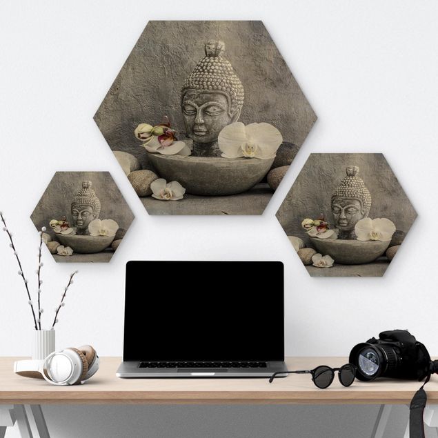 Sekskantede billeder Zen Buddha, Orchids And Stones