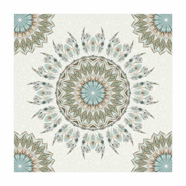 tæppe med blomster Mandala Watercolour Feathers Pattern Blue Green