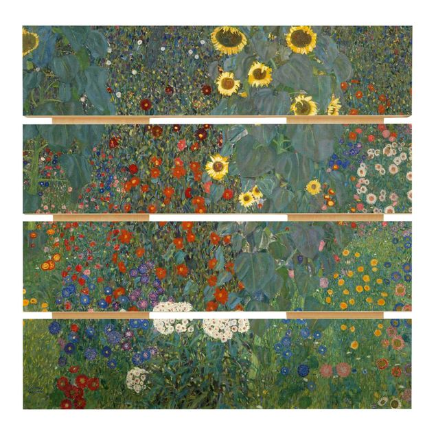 Prints på træ blomster Gustav Klimt - Garden Sunflowers