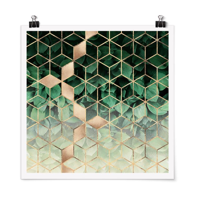 Plakater abstrakt Green Leaves Golden Geometry