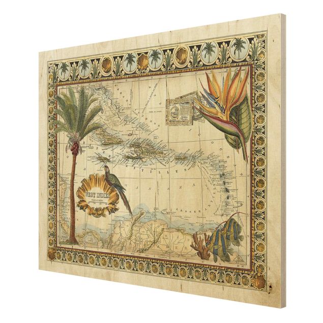 Prints på træ landskaber Vintage Tropical Map West Indies
