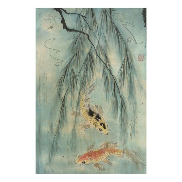 Prints på træ vintage Japanese Watercolour Drawing Goldfish II