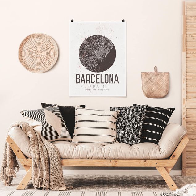 Plakater sort og hvid Barcelona City Map - Retro