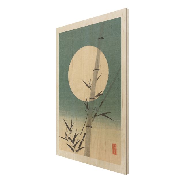 Prints på træ vintage Japanese Drawing Bamboo And Moon