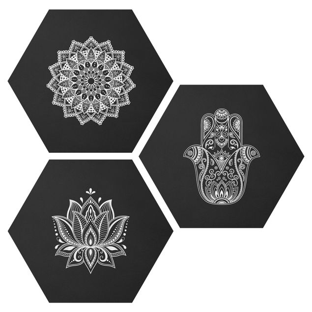 Billeder spirituelt Mandala Hamsa Hand Lotus Set On Black