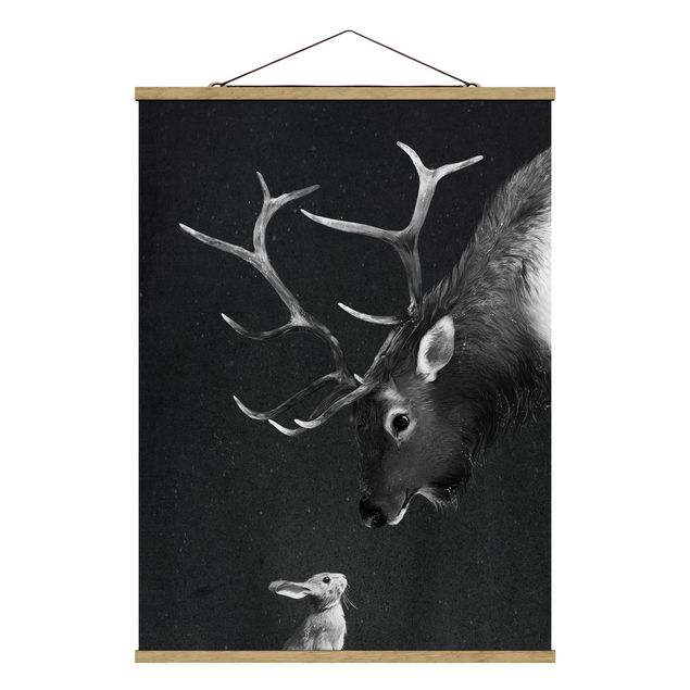Billeder kunsttryk Illustration Deer And Rabbit Black And White Drawing