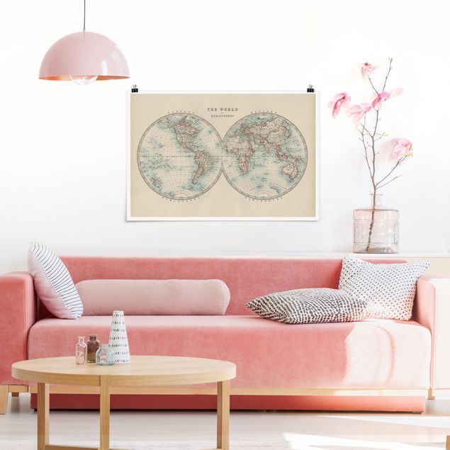 Plakater verdenskort Vintage World Map The Two Hemispheres