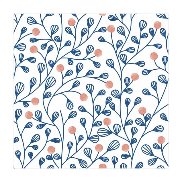 Tæpper Jungle Blue Plant Pattern With Dots In LIght Pink